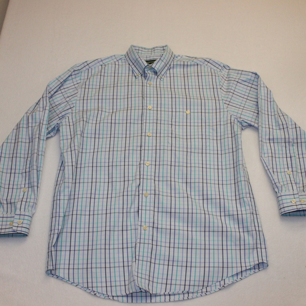 Orvis Mens Large Blue Teal Plaid Long Sleeve Button Down Cotton Shirt Pocket
